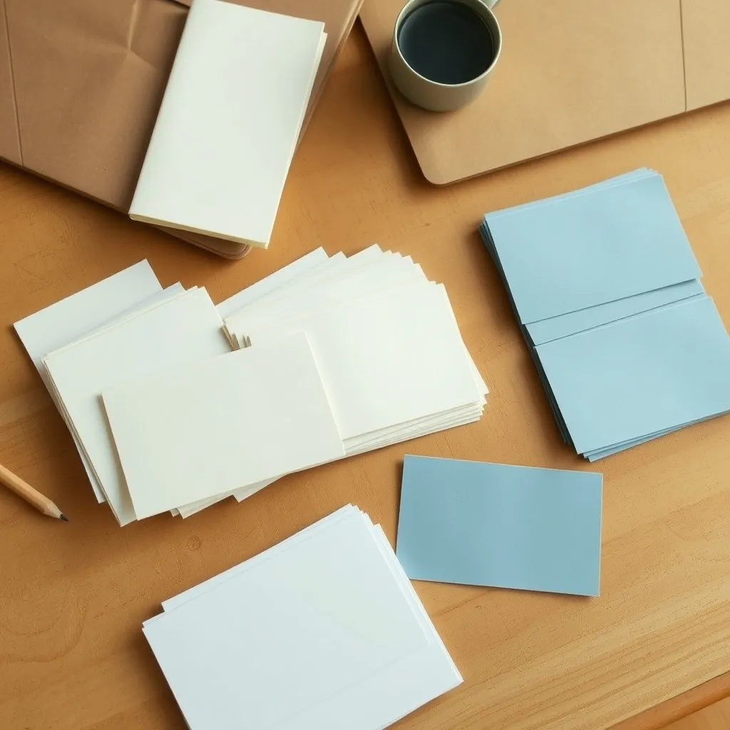 Blank cream and blue cards sorted beside a plain folder and pencil on a wooden office table