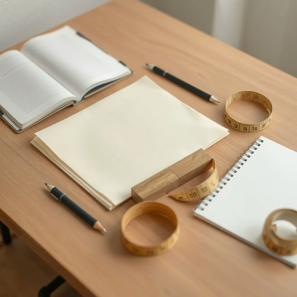 Unpainted wooden building blocks set apart beside a blank notebook and measuring tape on a desk