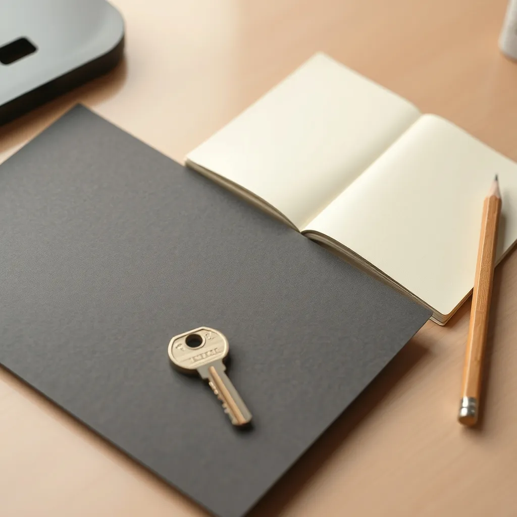 A plain key beside a closed paper folder, blank notebook, and pencil on a modest office desk