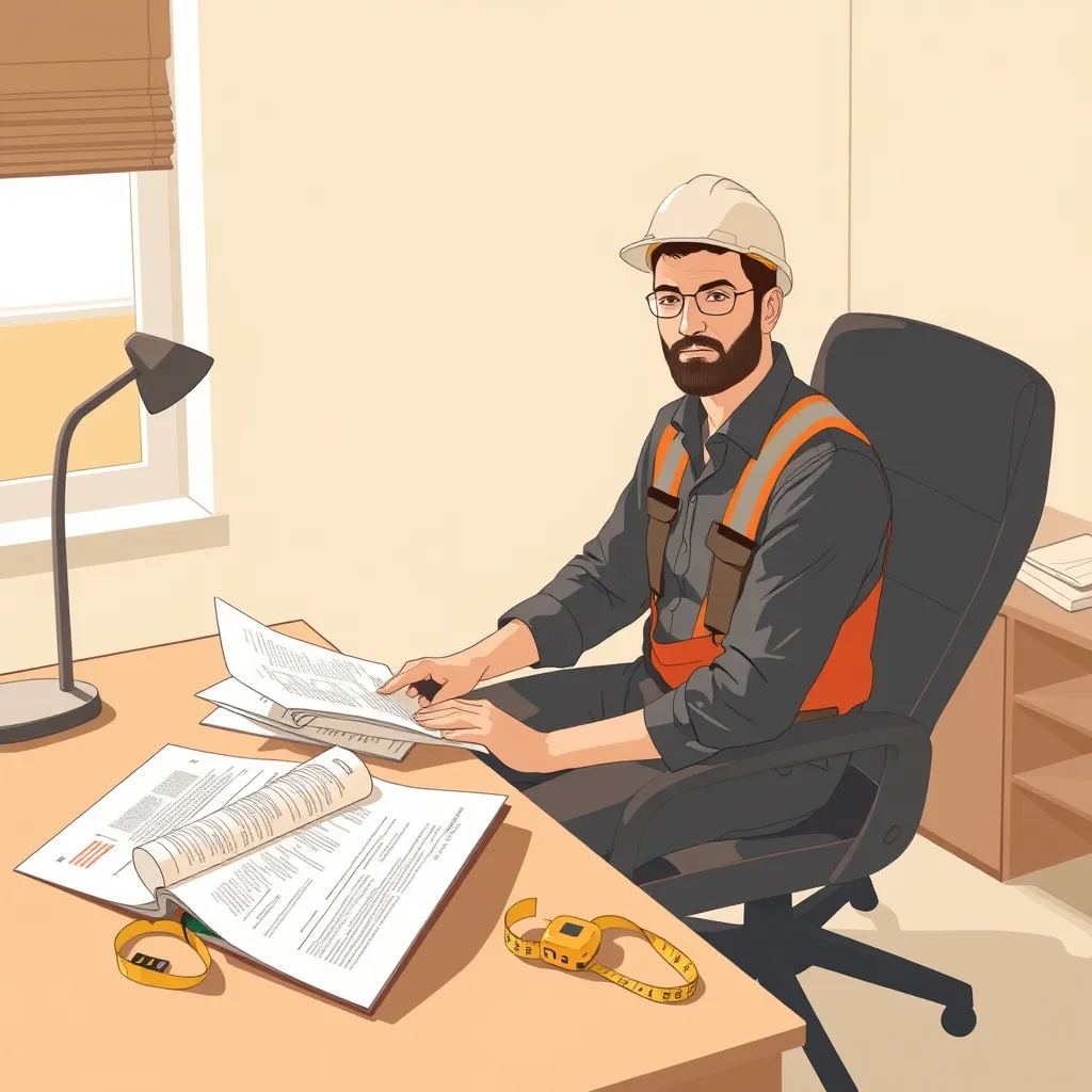 A contractor at a desk with a folded map, a plain notebook, and a measuring tape