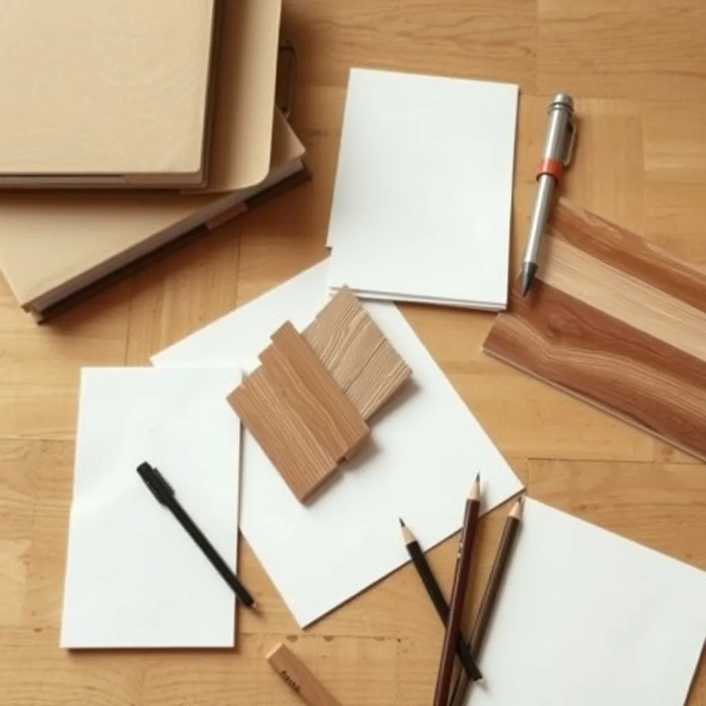 Timber and tile samples beside a plain binder, blank paper, and pencils on a workshop table