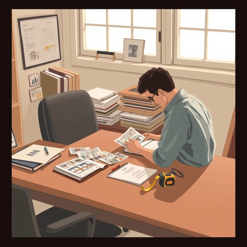 A contractor sorting photographs of carpentry details beside a blank notebook and measuring tape