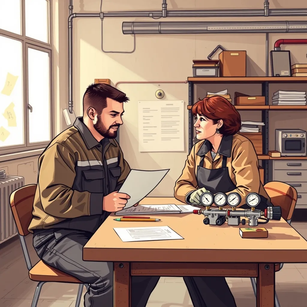 An HVAC technician and office coordinator reviewing blank paperwork beside a manifold gauge set