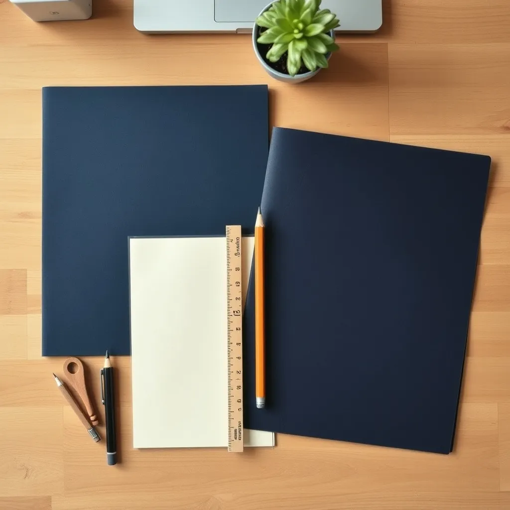Plain paper folders, blank sheets, a wooden ruler, and pencils arranged for comparison on a desk