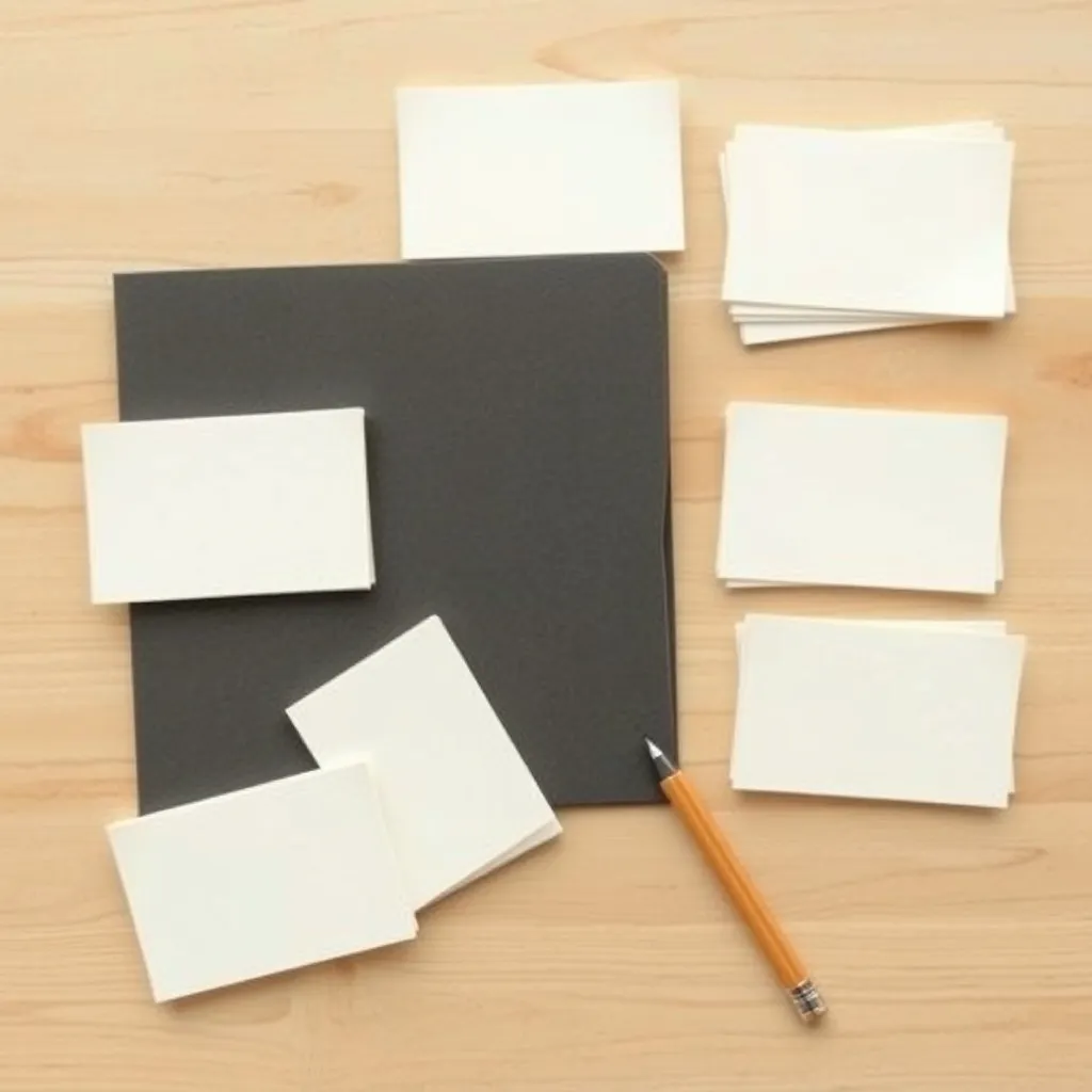 Blank paper cards arranged in separate groups beside a plain folder and pencil on a wooden table