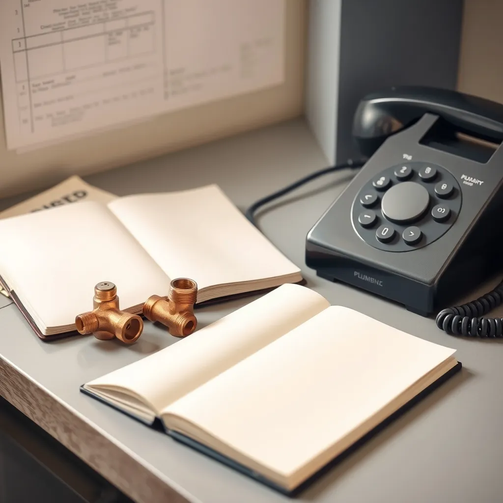 Copper pipe fittings and a plain telephone beside a blank notebook on a plumbing office desk