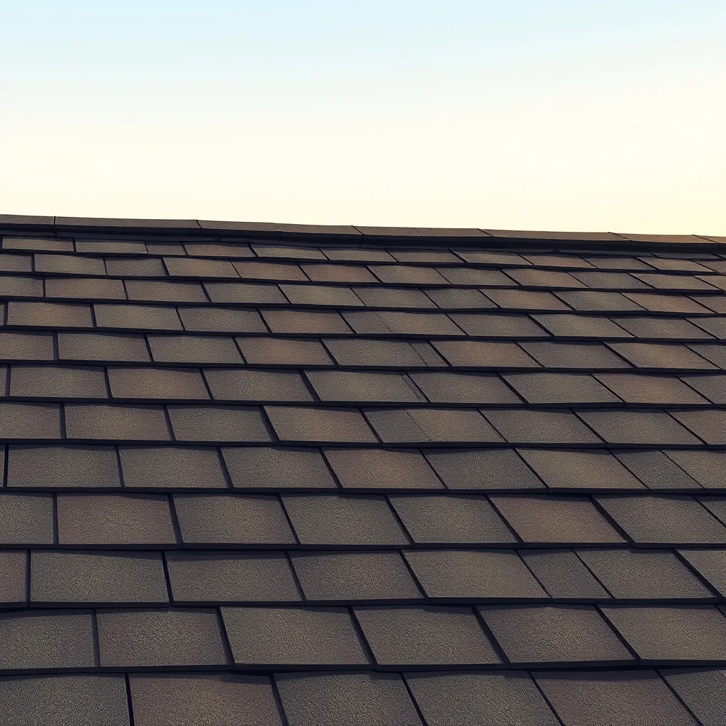 Charcoal asphalt shingles on a sloped roof beneath a pale blue sky