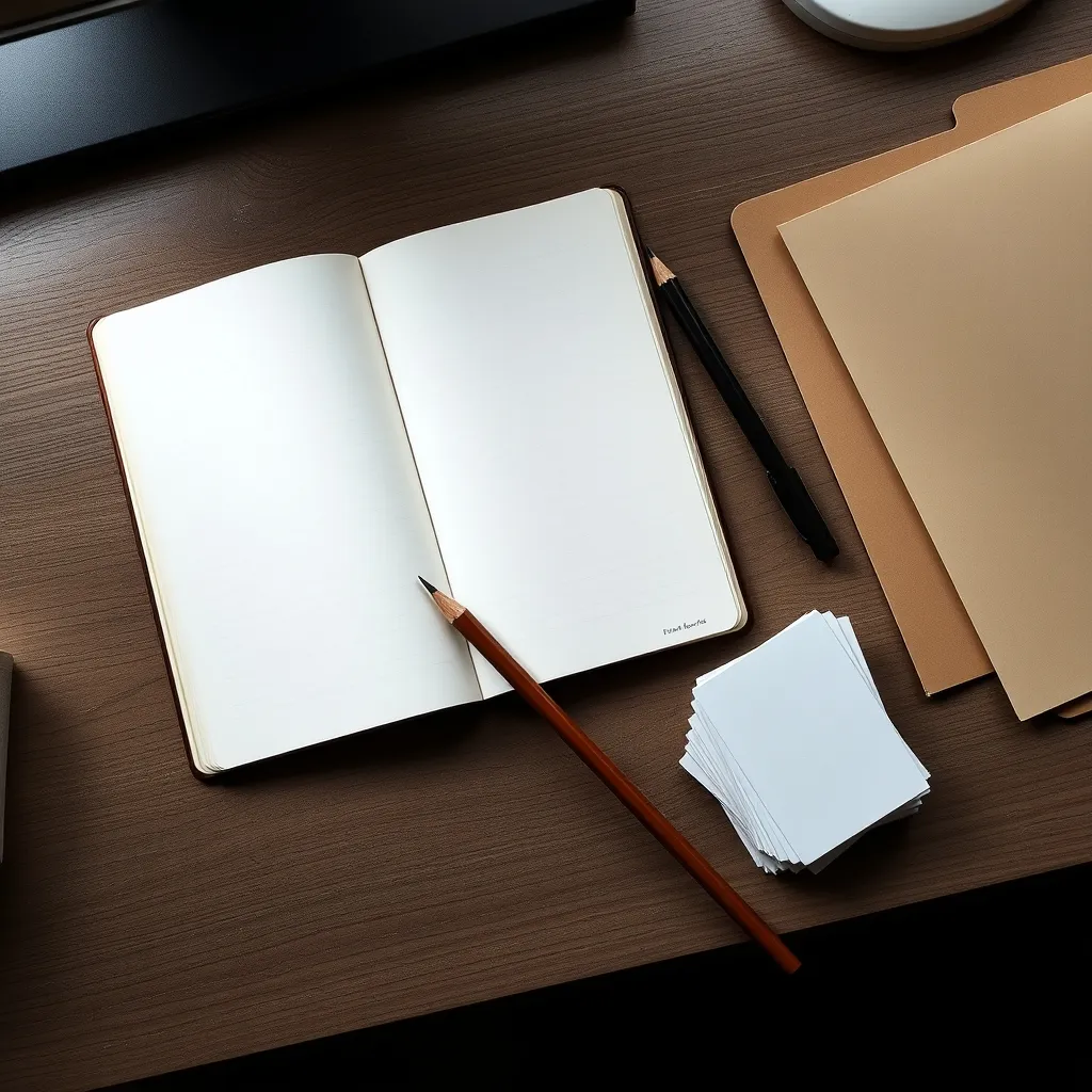 An open blank notebook, sorted blank cards, and pencils arranged on a modest office desk