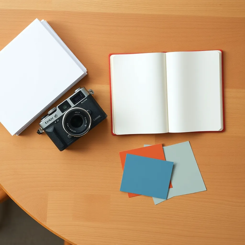 A compact camera, blank photo paper, a plain notebook, and colored paper cards on a wooden table