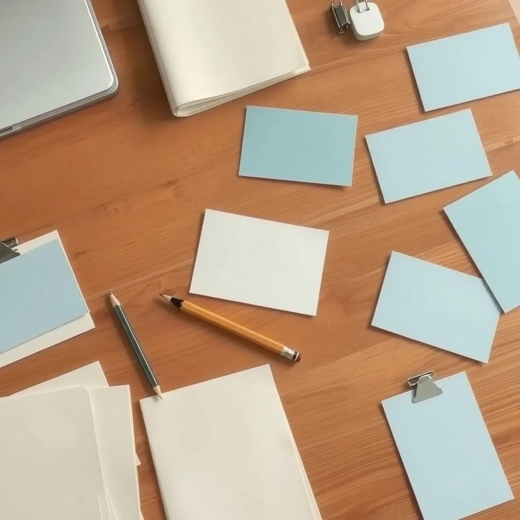 Plain paper folders, blank cards, a pencil, and binder clips arranged in a sequence on an office table