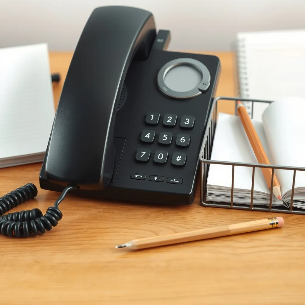 A plain telephone receiver beside an empty paper tray, blank notebook, and pencil on a wooden office desk