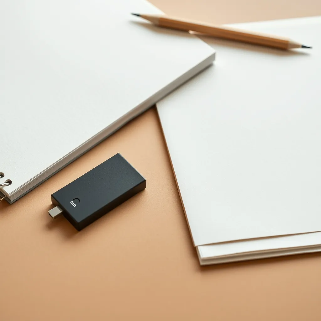 A compact external storage drive beside a blank notebook, pencil, and plain folders on an office desk