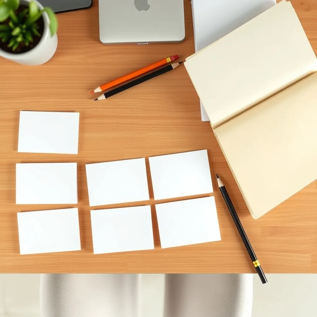 Blank index cards arranged in paired rows beside a notebook and pencils on an office table