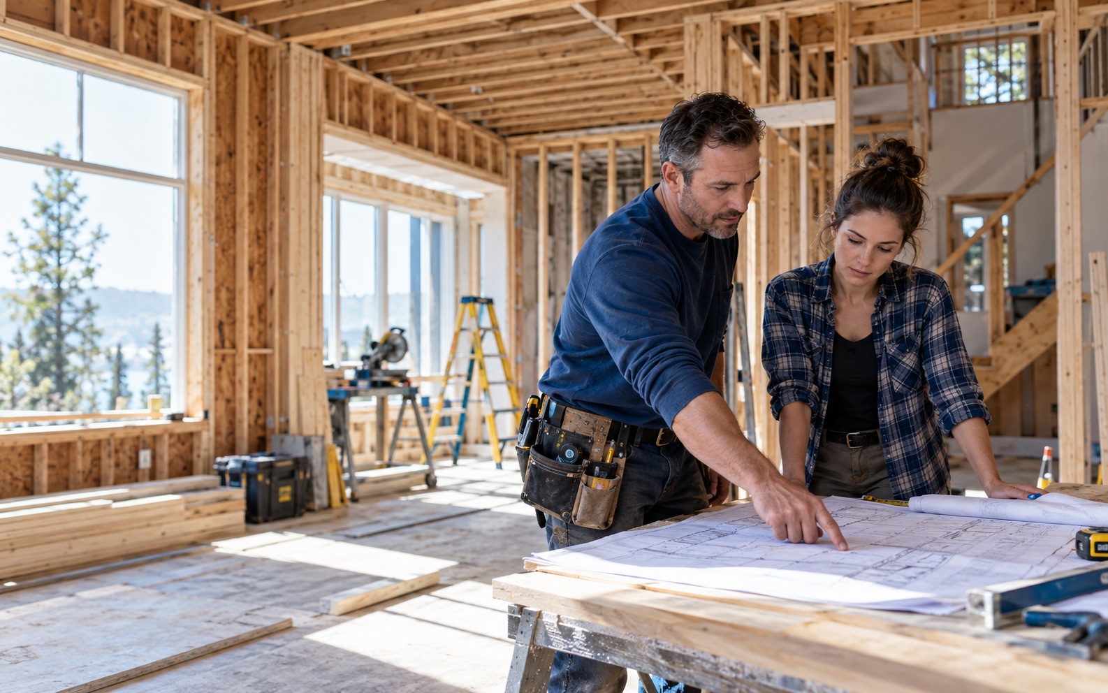 Illustrative scene of local construction professionals reviewing plans at a jobsite