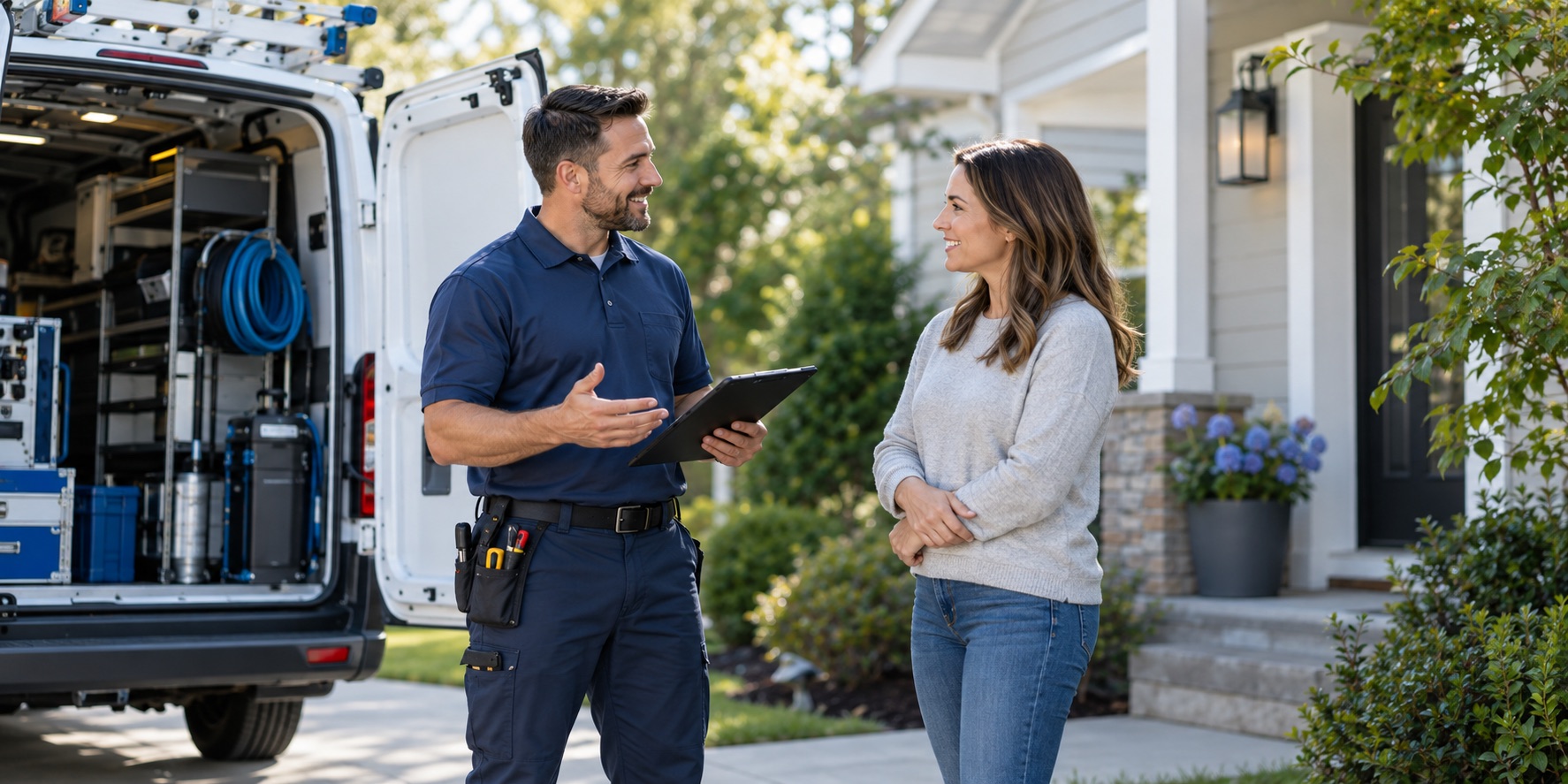 Illustrative home service professional speaking with a homeowner